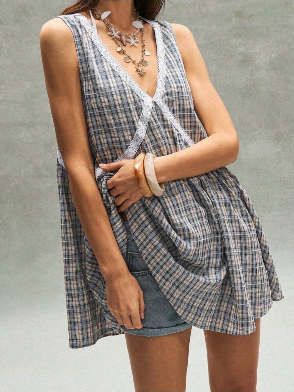 Bohemian Casual Woven Blue & Beige Plaid Sleeveless Midi Dress with Lace Trim - Picture 2 of 11
